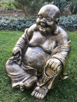 Lachender Buddha mit Gebetskette, sitzend in Gold 59 cm hoch