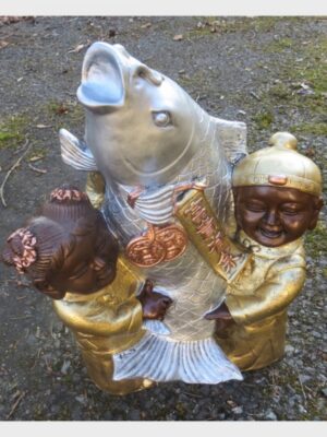 Buddhamädchen und Buddhajunge mit Fisch 43 cm hoch